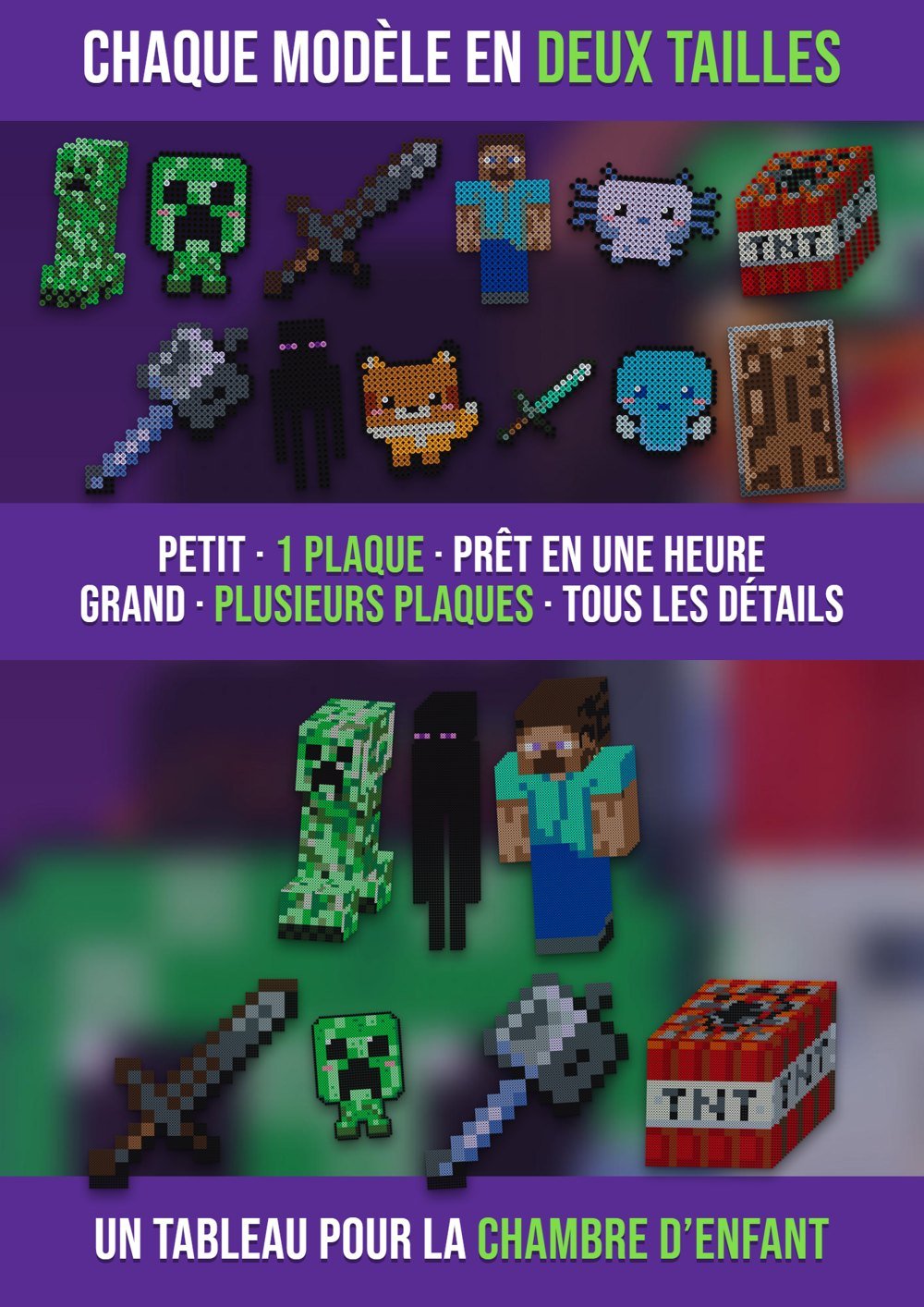 Le même modèle Minecraft en deux tailles : petite version sur 1 plaque et grande version sur plusieurs plaques