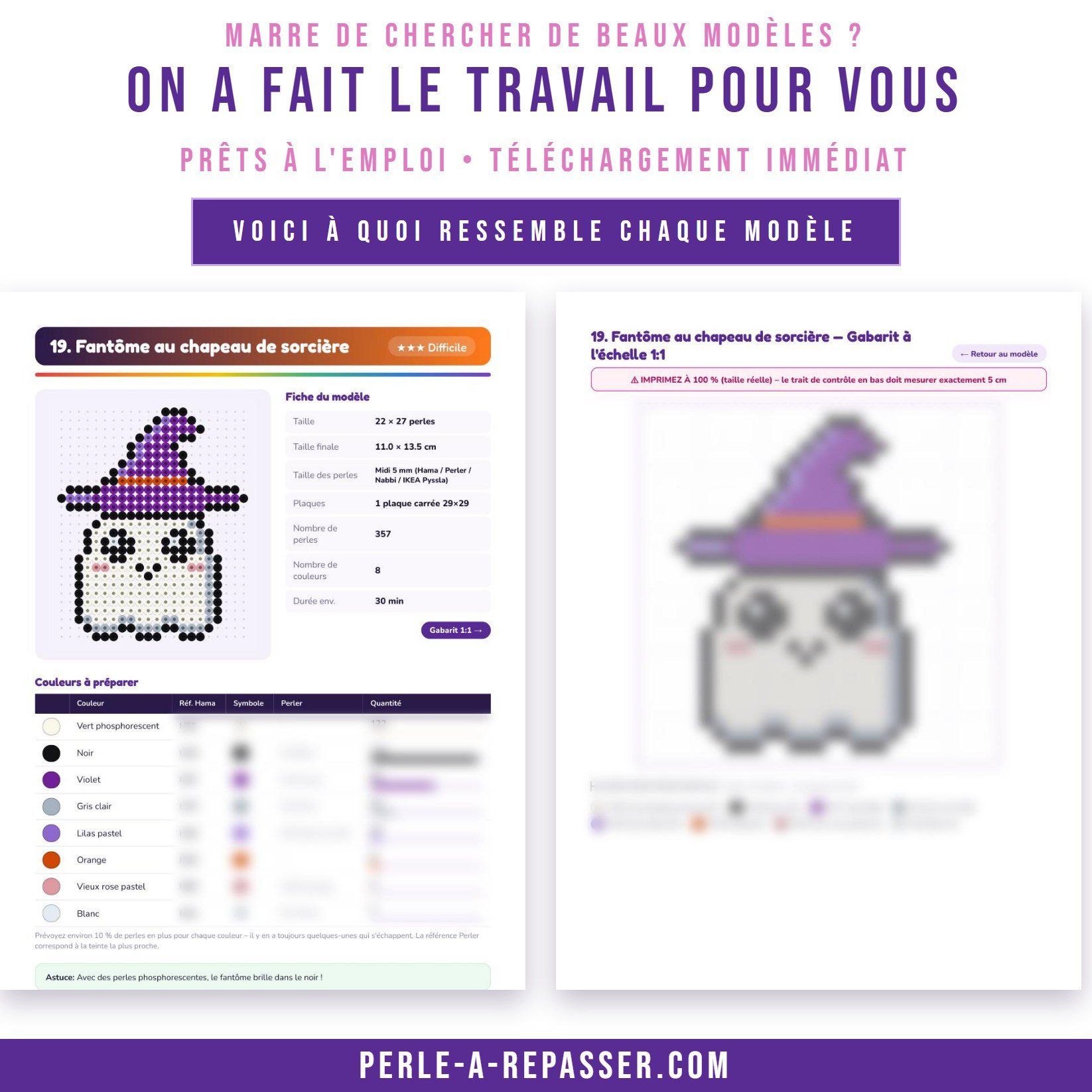 Voici à quoi ressemble chaque modèle dans le PDF : fiche avec taille, nombre de perles et difficulté