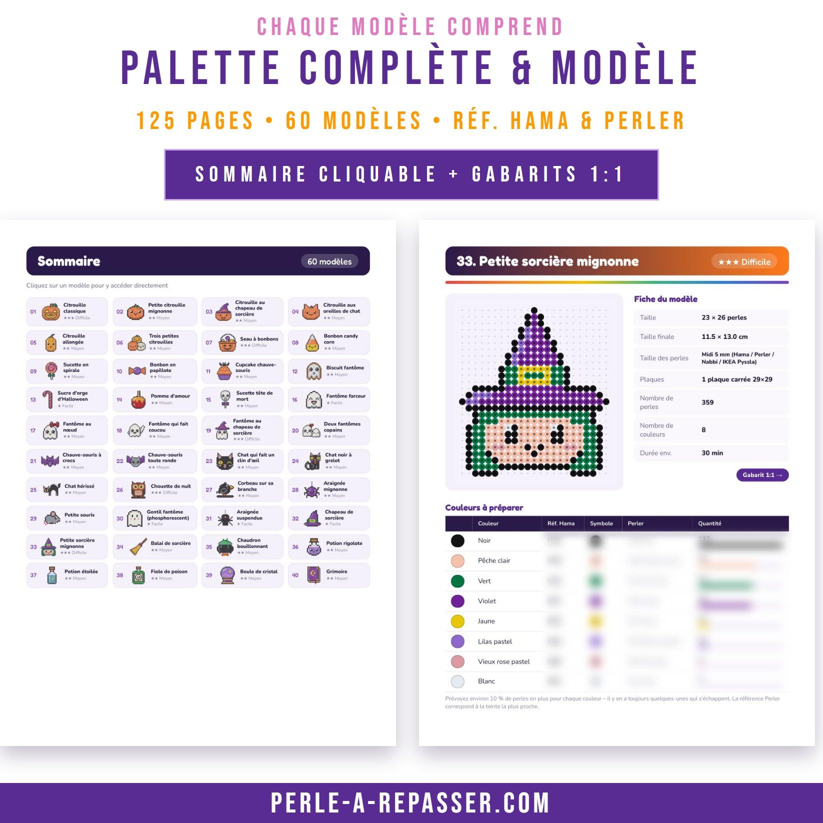 Palette de couleurs complète avec codes Hama et Perler et gabarit à l'échelle 1:1