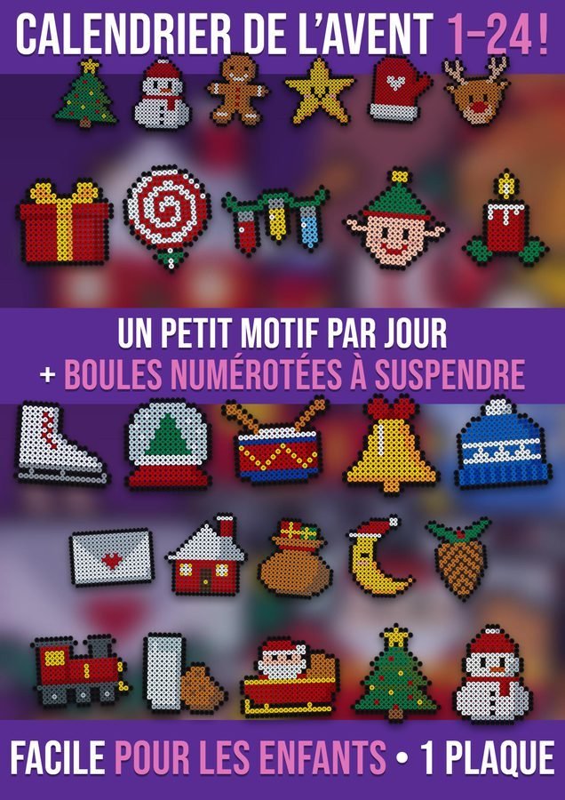 Calendrier de l’Avent en perles à repasser : 24 petits motifs de Noël et boules numérotées 1–24 sur une ficelle
